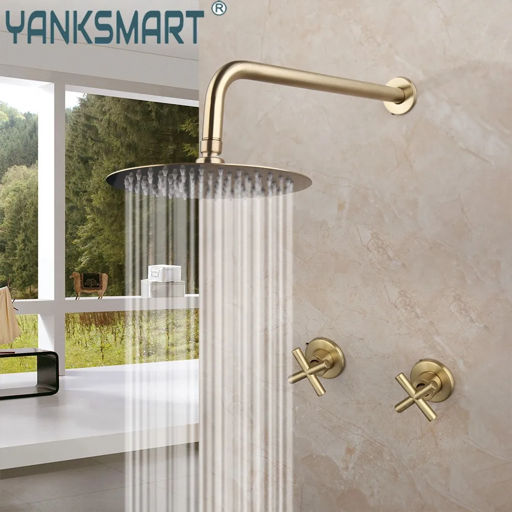 

YANKSMART 8" Brushed Gold Bathroom Shower Faucet Solid Brass Handle Mixer Bathtub Rainfall Hand Shower Spray Showers Faucet Set