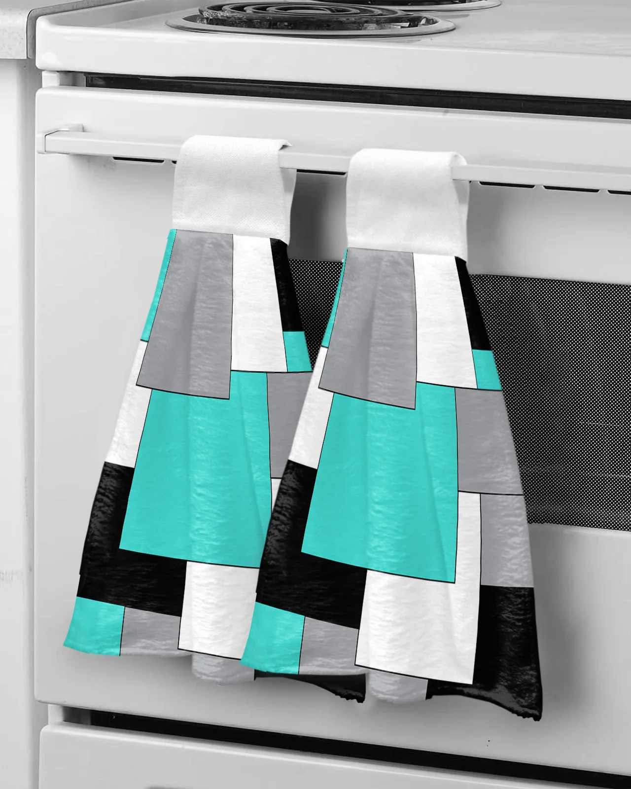 

Aqua Turquoise Black Grey Patchwork Abstract Art Hand Towels Kitchen Tools Hand Towel Hanging Wipe Absorbent Towels