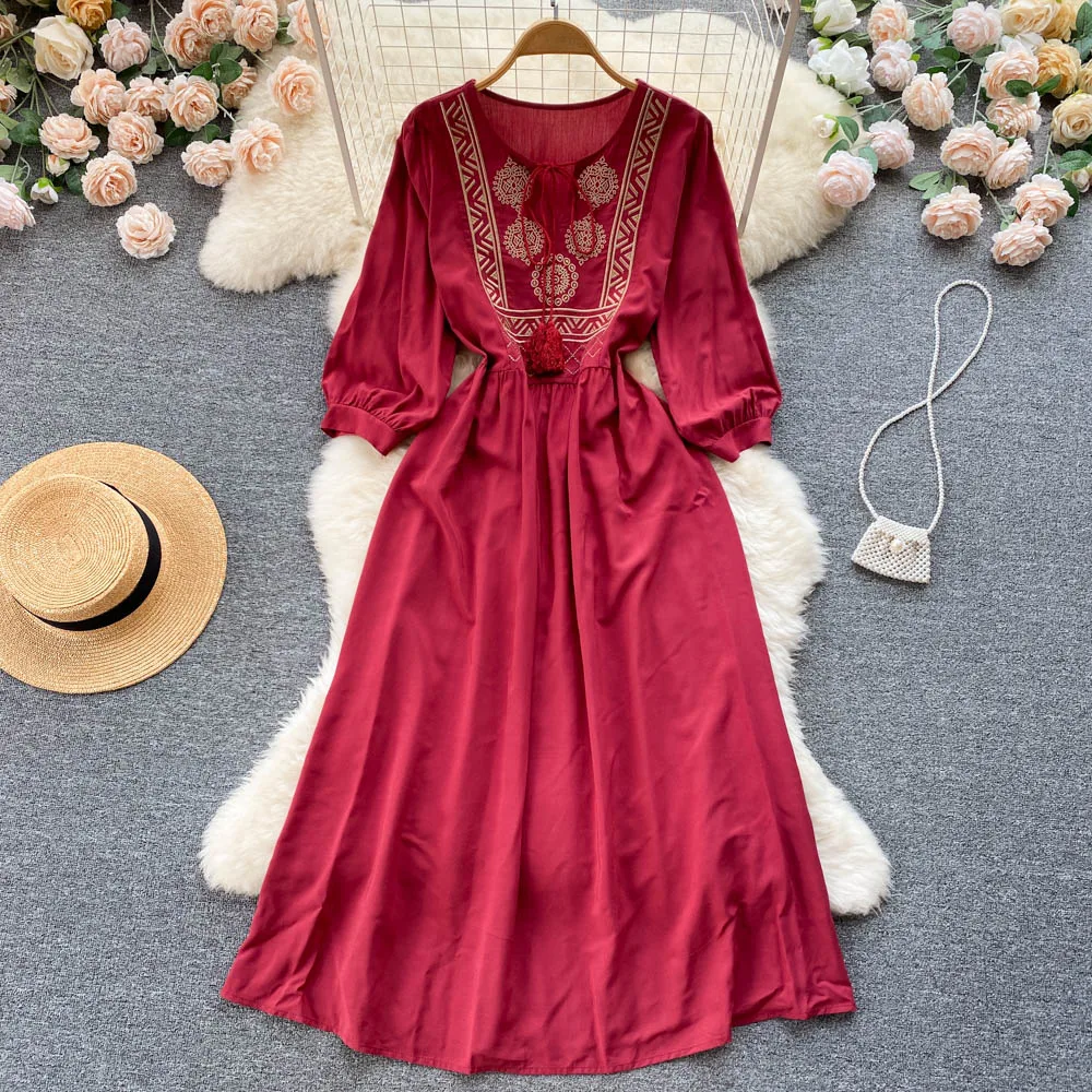 

VANOVICH Indie Folk Embroidered Belt O-neck A-line Dress Summer New Women's French Style Waist Slim Lantern Sleeve Long Dress
