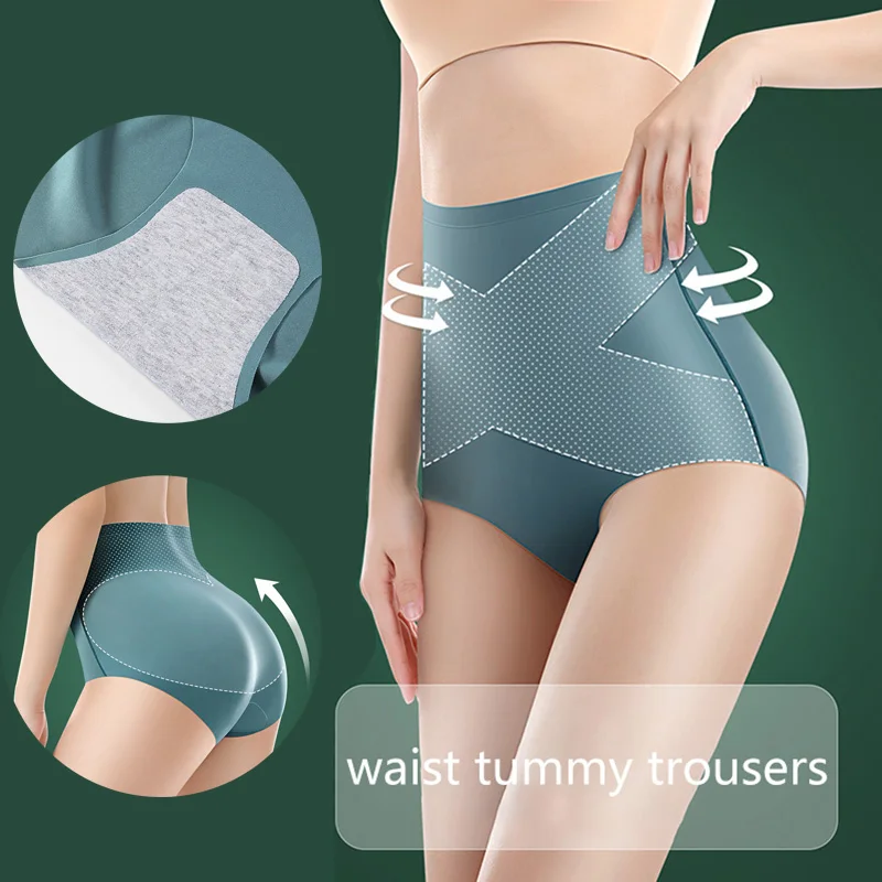 

2022 New Ice Silk Seamless Panties High Waist Flat Belly Women's Panties Strong Body Shaping Pants 3D Cozy Hip Lift Briefs L-XXL