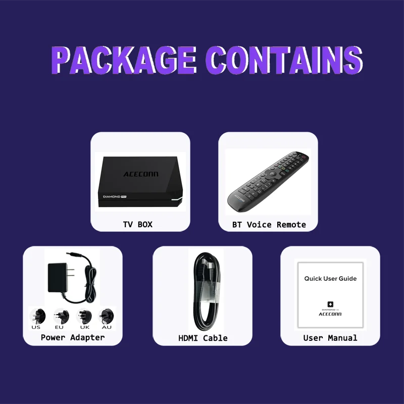 ACECONN Diamond-Pro TV Box IPTV 2 ГБ + 32 ГБ двухдиапазонный Wi-Fi 6 Bluetooth голосовой пульт дистанционного управления кнопка подсветки HD 4K (art.: 3920d1117ca5a) - 3920d1117ca5a