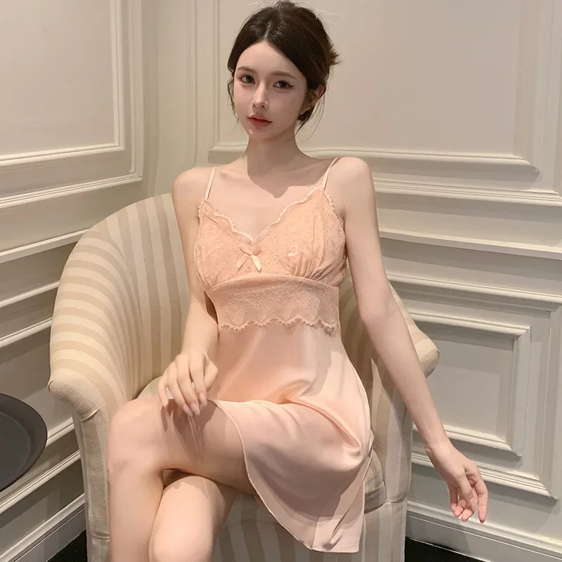 Women's Summer Ice Silk Thin Section Sexy Pure Desire Aesthetic Tank Sleep Dress Comfortable Homewear With Chest Pad