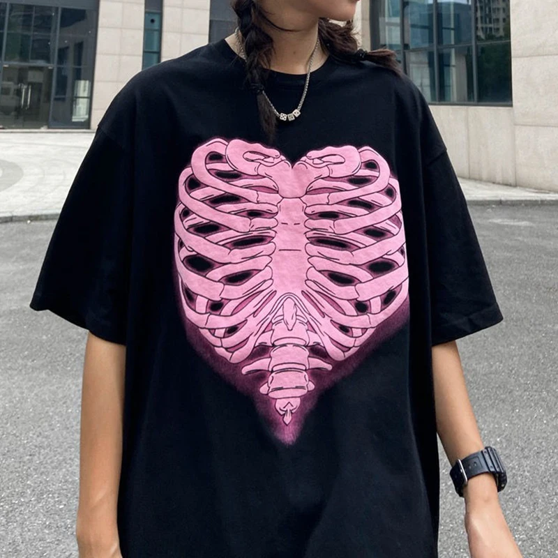 

100% Cotton Graphic T Shirts Women 2021 Punk Top Female Squelette Print Alt Clothes Aesthetic MINGLIUSILI Harajuku Tee Shirt