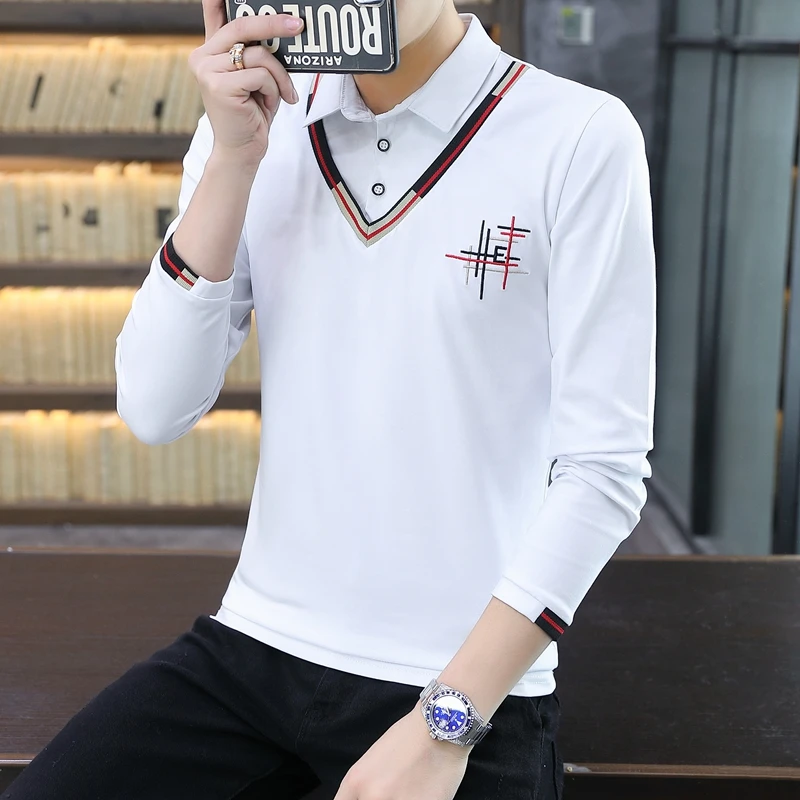 

Autumn 2022 Men's Long Sleeve False Two Trendy Lapel POLO Shirt Tops