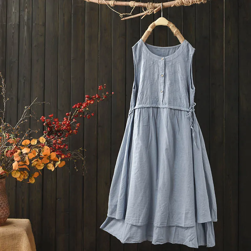 

2022 Women's Summer Double Drawstring Drawstring Slim Sleeveless Literary Round Neck Embroidered Half Cardigan Vest Dress