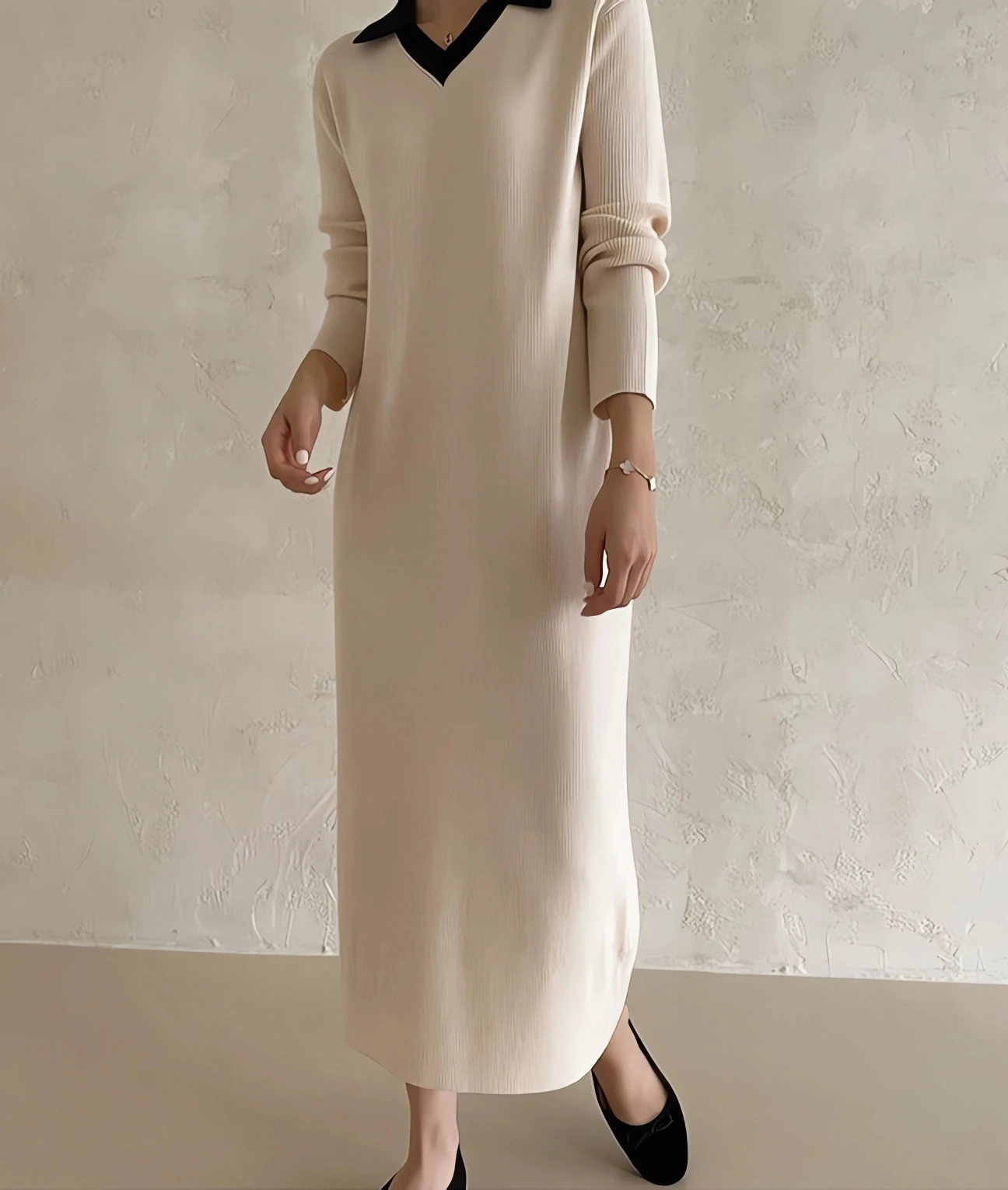 

Женское трикотажное платье-свитер средней длины, повседневное свободное трикотажное платье с отложным воротником и длинными рукавами, модель DS86 в Корейском стиле на весну и осень 2023