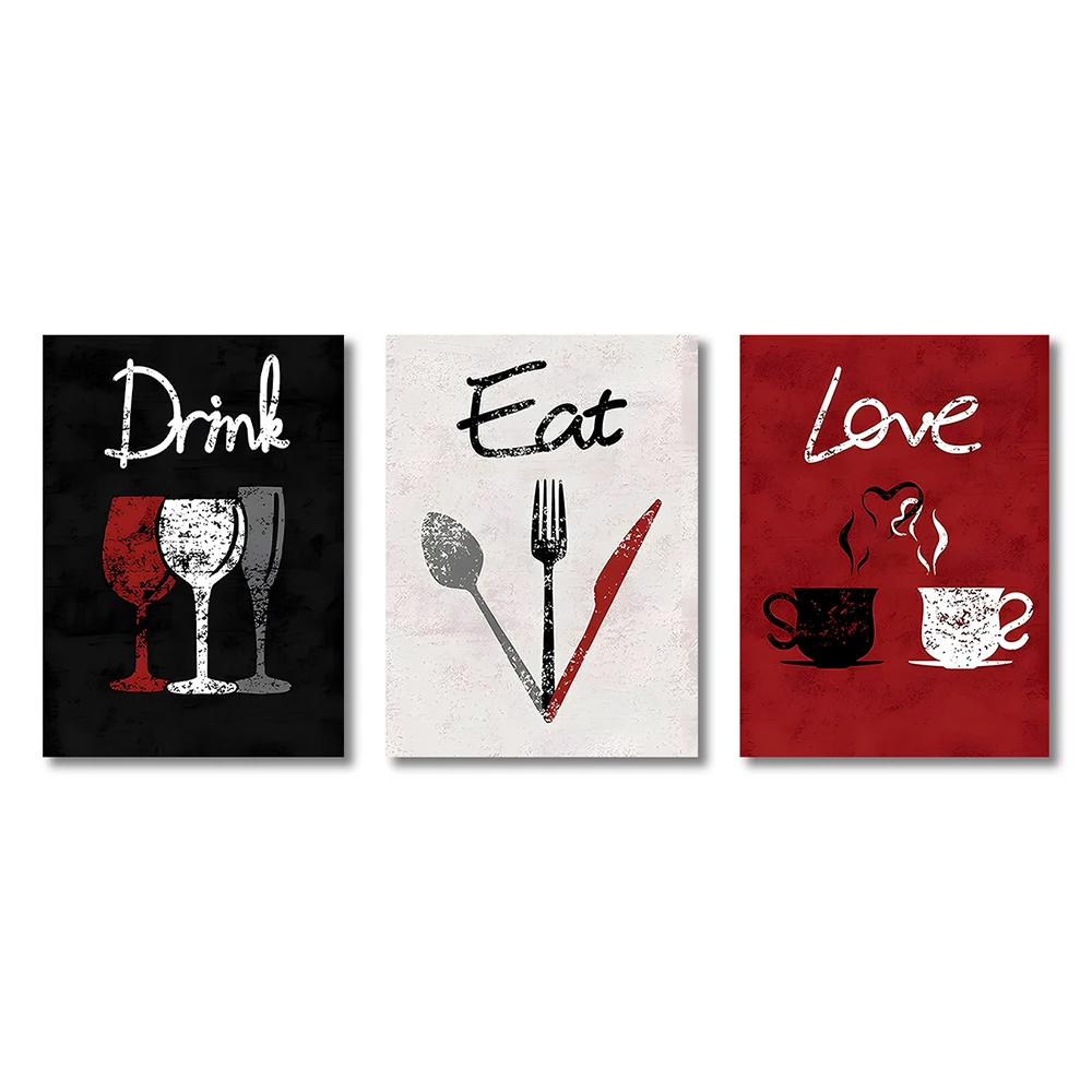 

Набор Ретро-постеров Love Drink Eat - Черно-красно-белый Фон, Холщовые Принты Без Рамы