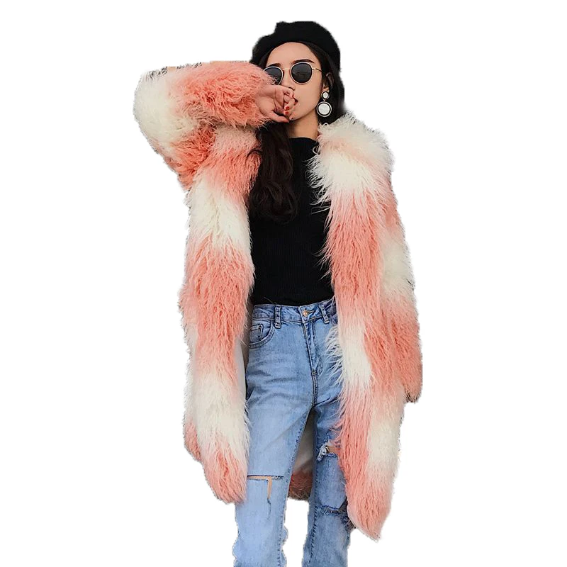 

2023 Winter Pink Gradient Fur Coat Women Soft Hooded Thickened Long