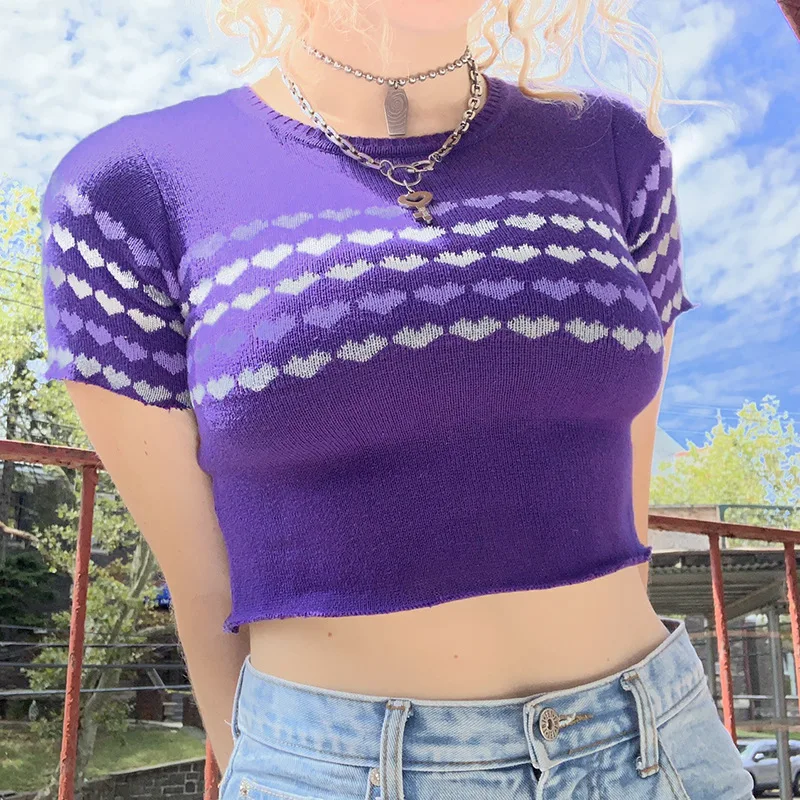 

Heart Print Aesthetic Crop Tops For Women 2000s Fashion Cute Knitted Top Tee 2021 Summer Streetwear Skinny Tshirt