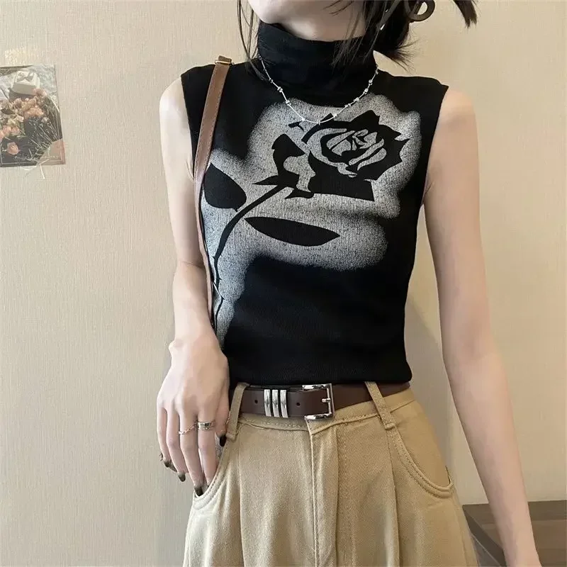 Жилет с принтом роз женский внутренний полувысокий воротник короткая верхняя
