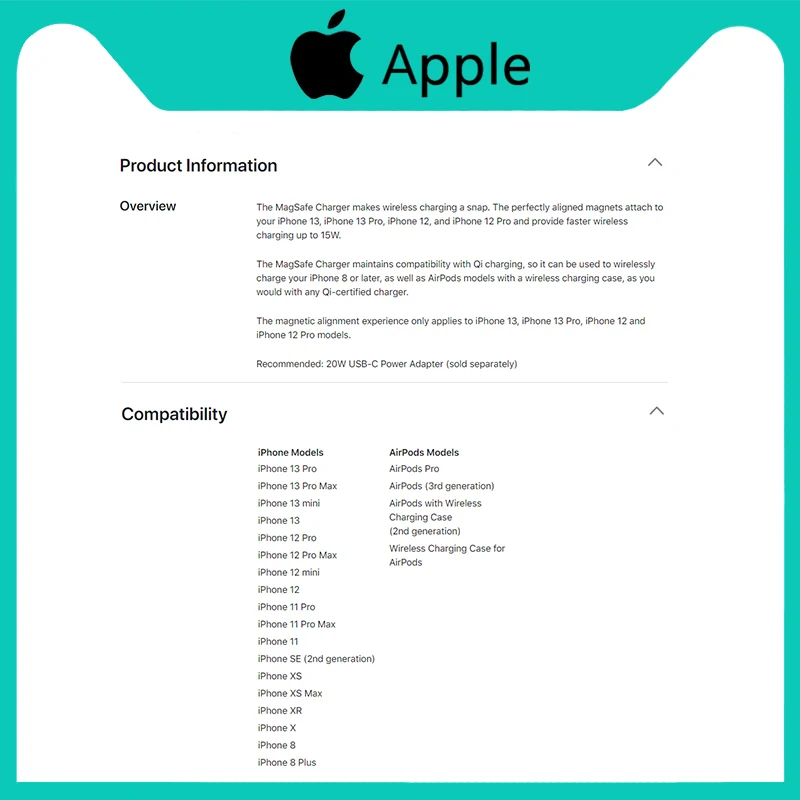 Беспроводное зарядное устройство Apple MagSafe 20 Вт для iPhone 13 Pro Max быстрая зарядка Тип C