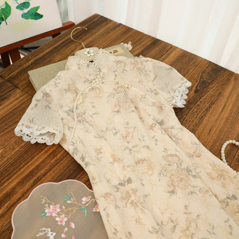 Шифоновое нежное милое летнее платье-Ципао новое китайское традиционное