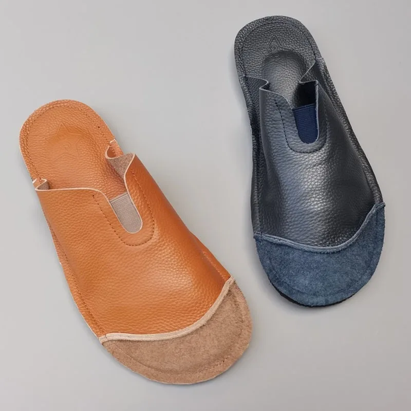 

Лоферы мужские из натуральной кожи, без застежки, босоножки, обувь на плоской подошве, дизайнерские уличные тапочки, лето 100%