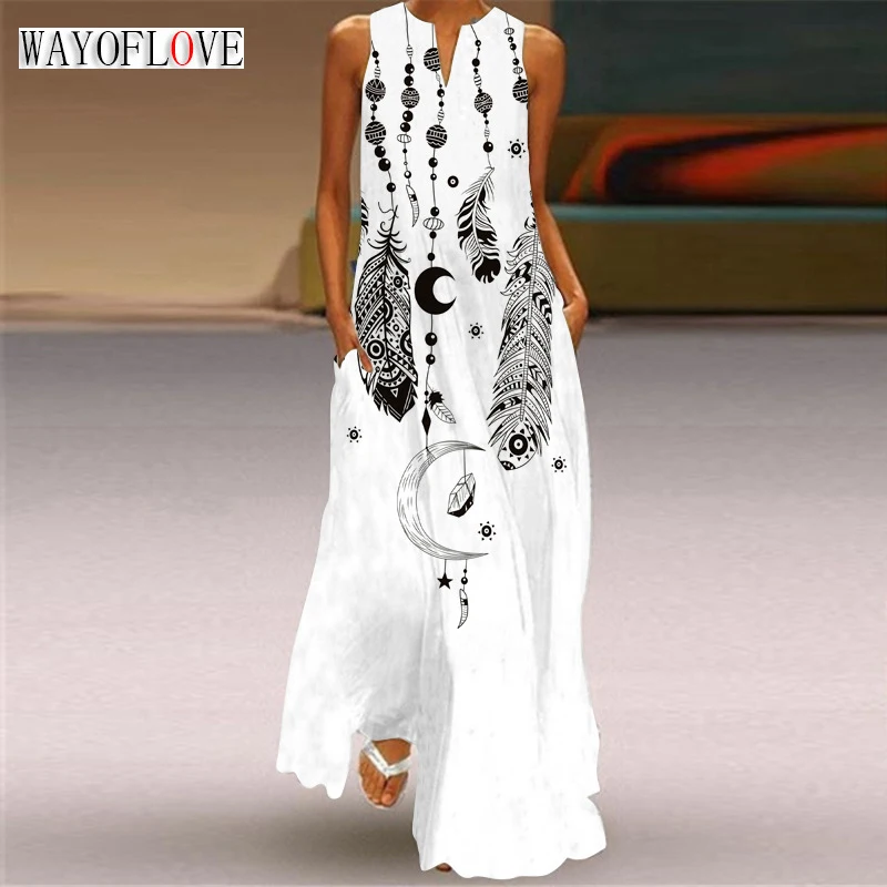 

WAYOFLOVE Lady Spring Summer White Long Dress Sleeveless Feather Chain Print Elegant Dresses For Women 2023 Casual Women's Dress