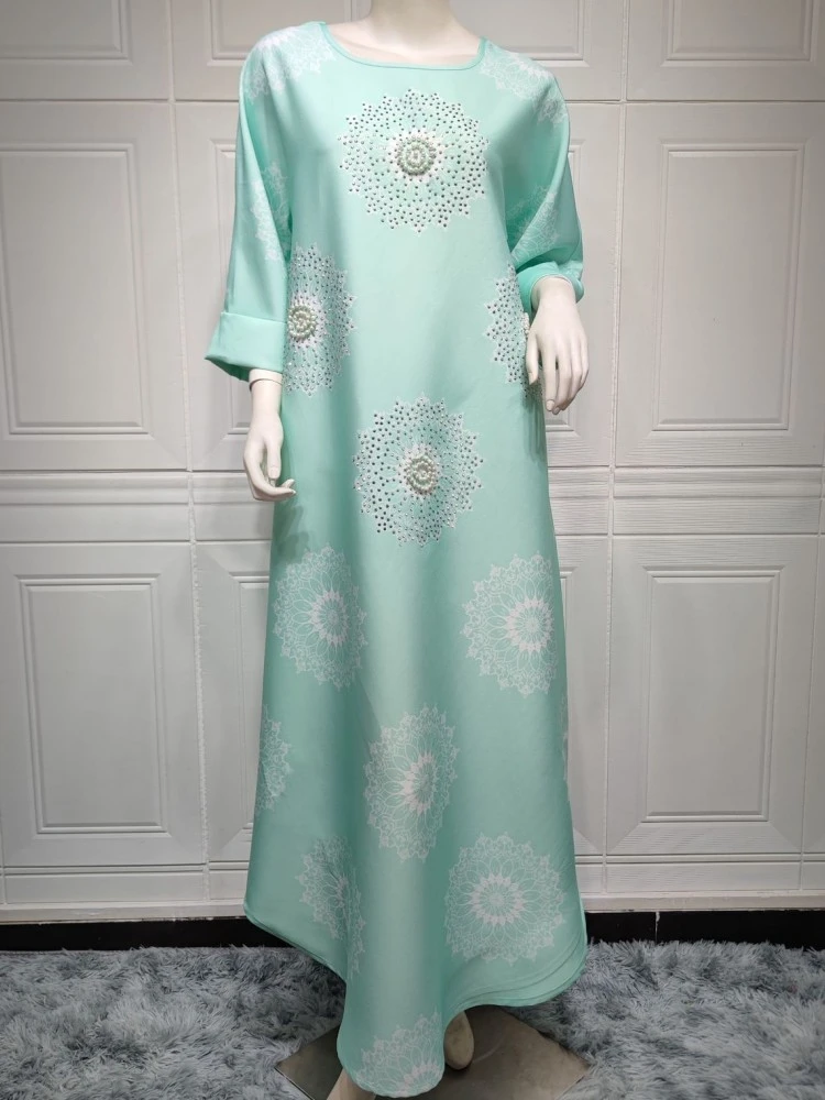 Dubai Abaya Luxury For Muslim Women Vintage Diamonds Dress Casual Loose Long Sleeve Female Party Maxi Dresses Asymmetric Hem