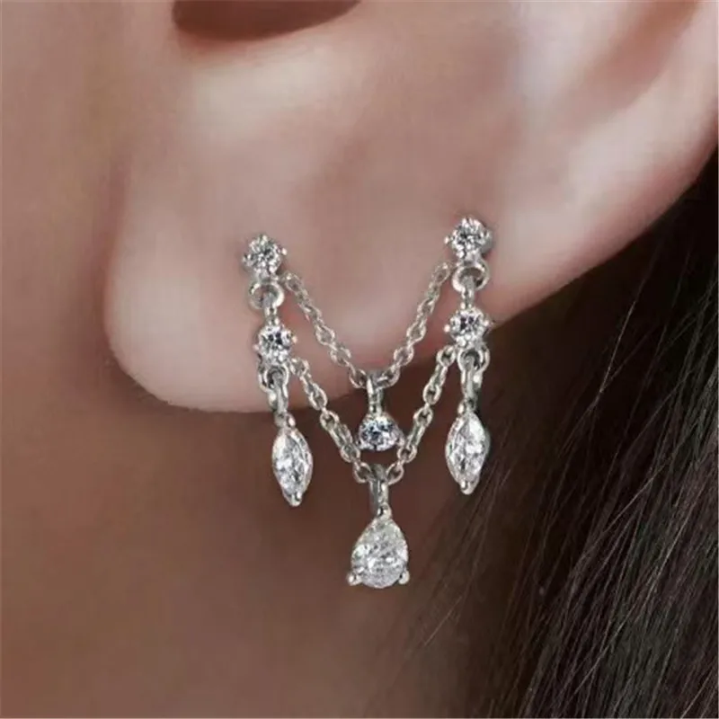 1 шт. Модные посеребренные серьги-гвоздики с кисточками и цепочкой кристаллами в