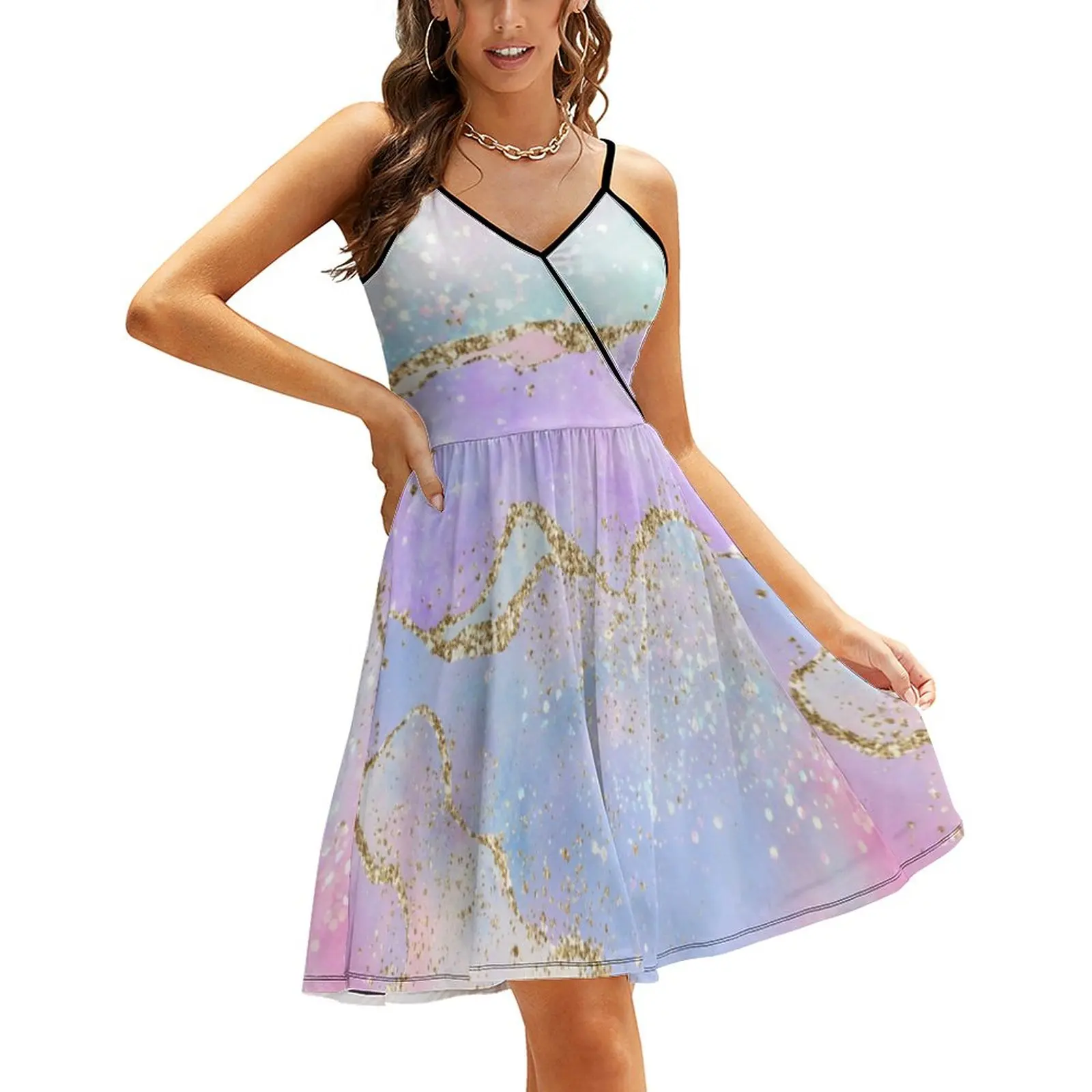 

Elegant Ombre Dress Glold Glitter Print Aesthetic Casual Dress Summer Pattern Dresses Spaghetti Strap Elegant Clothes Large Size