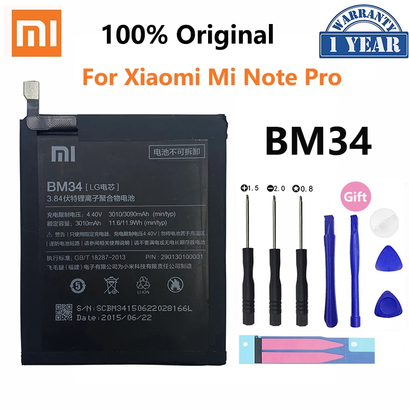 

100% Orginal Xiao mi BM34 3010mAh Battery For Xiaomi Mi Note Pro 4GB RAM High Quality Phone Replacement Batteries