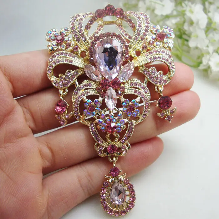 

3.66" Pretty Pink Flower Drop Woman's Pendant Brooch Pin Rhinestone Crystal Gift