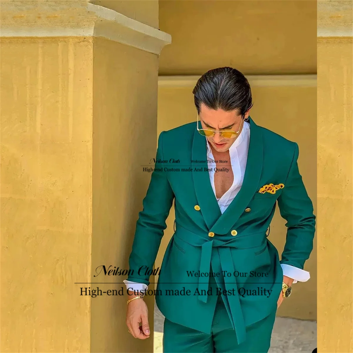 

Новые зеленые мужские костюмы, шаль с лацканами, двубортная Женская одежда, 2 шт. с ремнем, мужской облегающий костюм