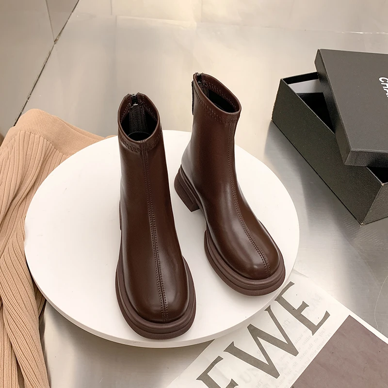 Thick Bottom Short Boots New Hundred With Female BootsHigh heel Thick With Round Head Elastic Thin Thin Boots In The Tube French