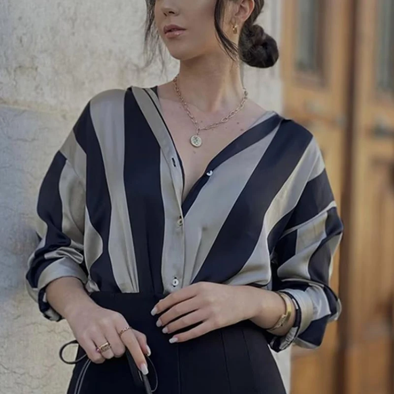 

DUOFAN Patchwork Striped Shirt Lady Summer Turn-down Collar Single Breasted Full Sleeve Woman Blouses Loose Fashion Casual Tops