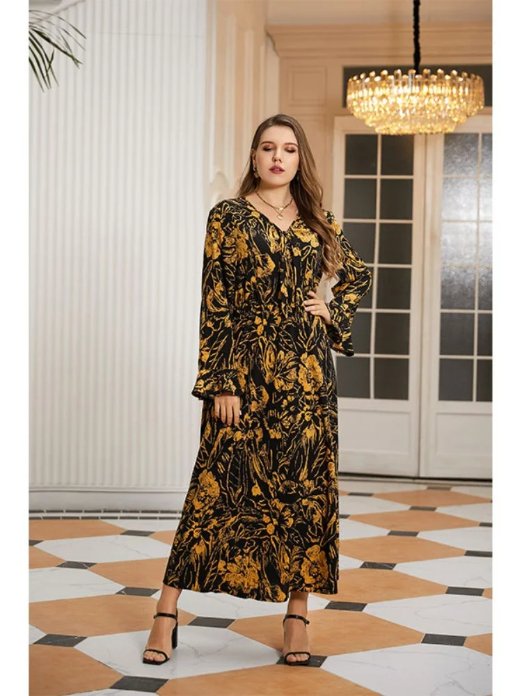 New feminine plus-size women's vintage mid-length loose floral casual V-neck dress plus size women clothing  party dresses