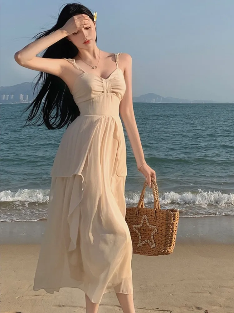 

Женское вечернее платье миди с оборками, праздничное облегающее платье на бретелях-спагетти, одежда в Корейском стиле, лето 2023