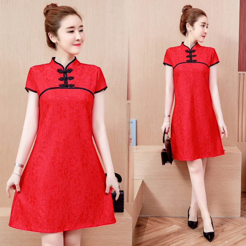 Модное улучшенное платье с коротким рукавом Черное Красное Кружевное летнее