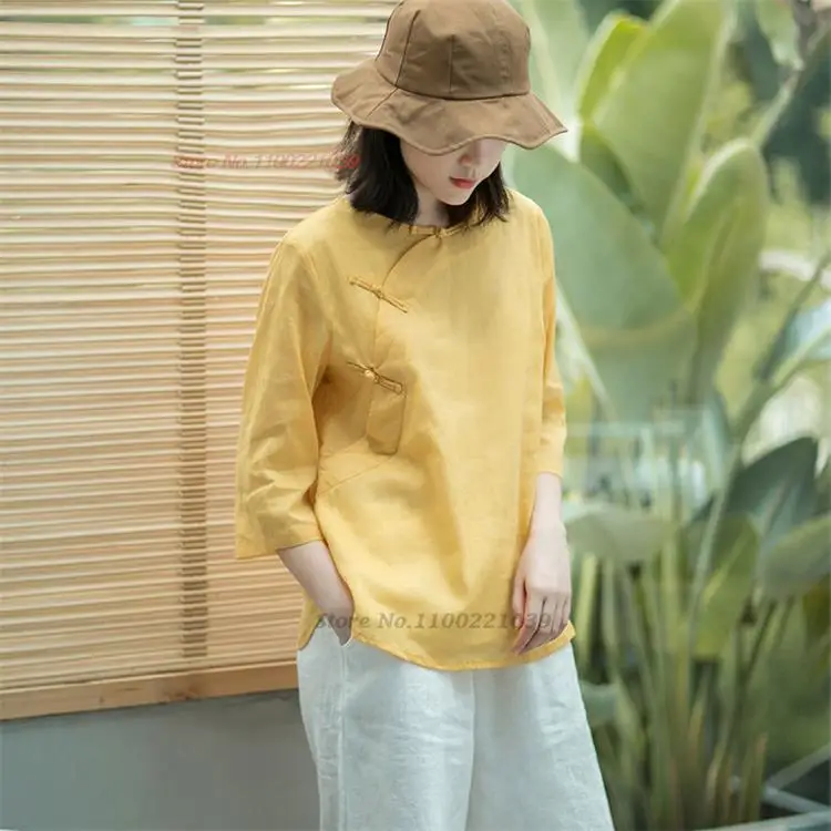 

2023 vintage chinese tang suit qipao tops women ethnic cotton line blouse oriental traditional tea service hanfu shirt zen suit