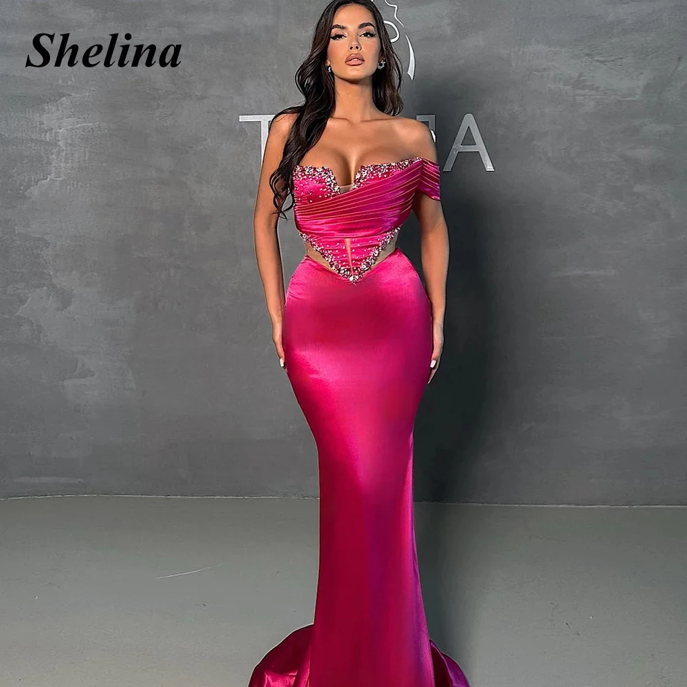 

Shelina Modern Mermaid Graduation Dress Pleat Off the Shoulder Crystal Cut-out Sweep Train Vestidos De Baile Made To Order