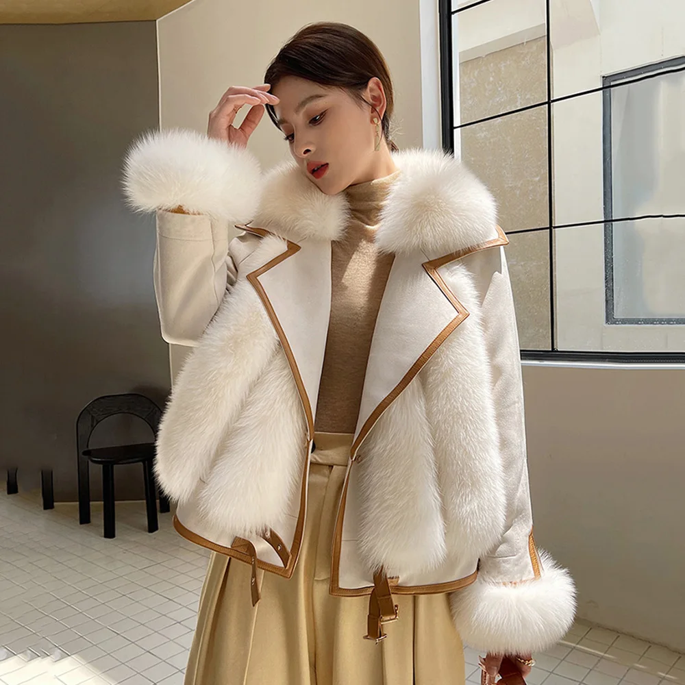 Enlarge New Women Real Fur Coat Autumn Winter Fashion Thick Warm Suit Collar Fox Fur Suede Patchwork Fur Jacket Loose Outerwear Female
