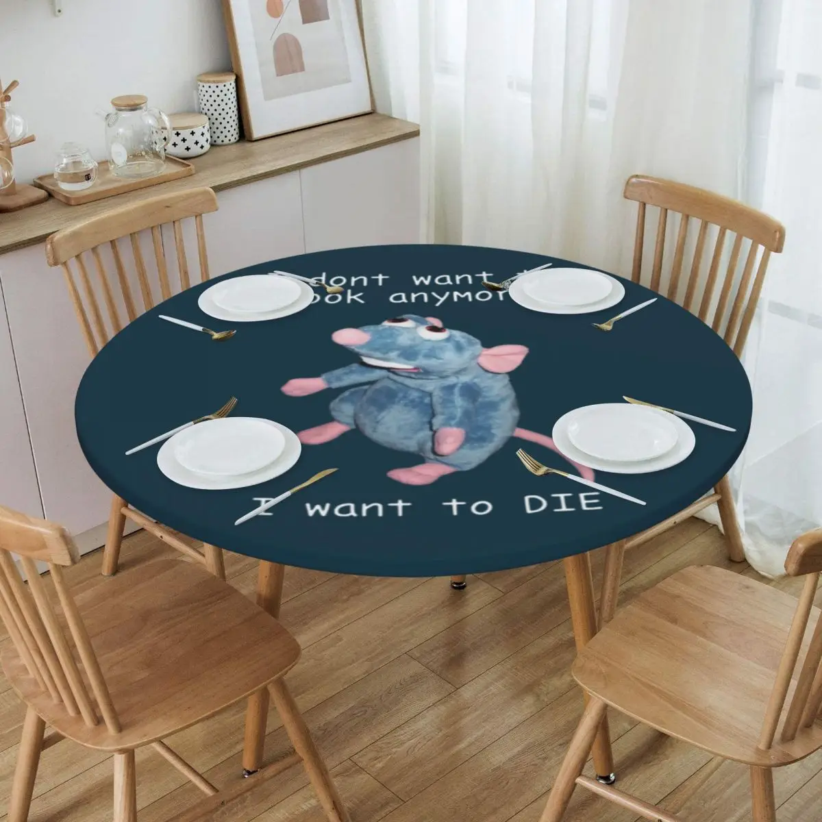 

Round Waterproof Oil-Proof I Don't Want To Cook Anymore I Want To Die Tablecloth Backed Elastic Edge Table Cover Table Cloth