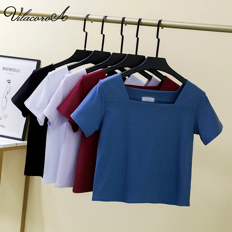 

Vilacoroa 100% Cotton Square Neck T-Shirt Female Casual Top Slim Short Sleeve Crop Tops Korean Purple Tees Splice T Shirt Women