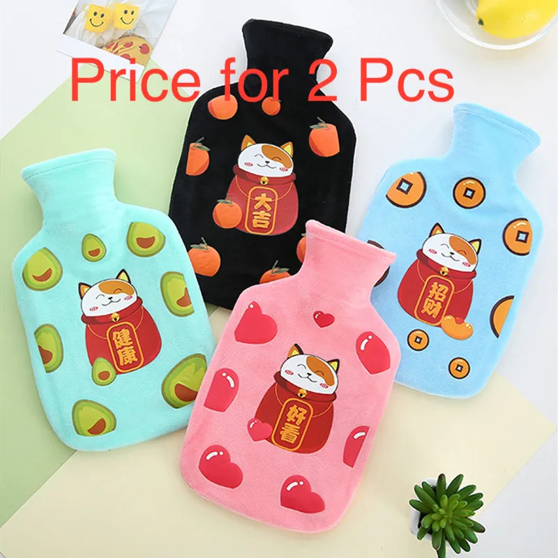 

2022 Winter 2Pcs Lucky Cat Rubber Hot Water Bag Short Plush Cloth Cover Warm Water Filling Bottle Water Injection Hand Warmer