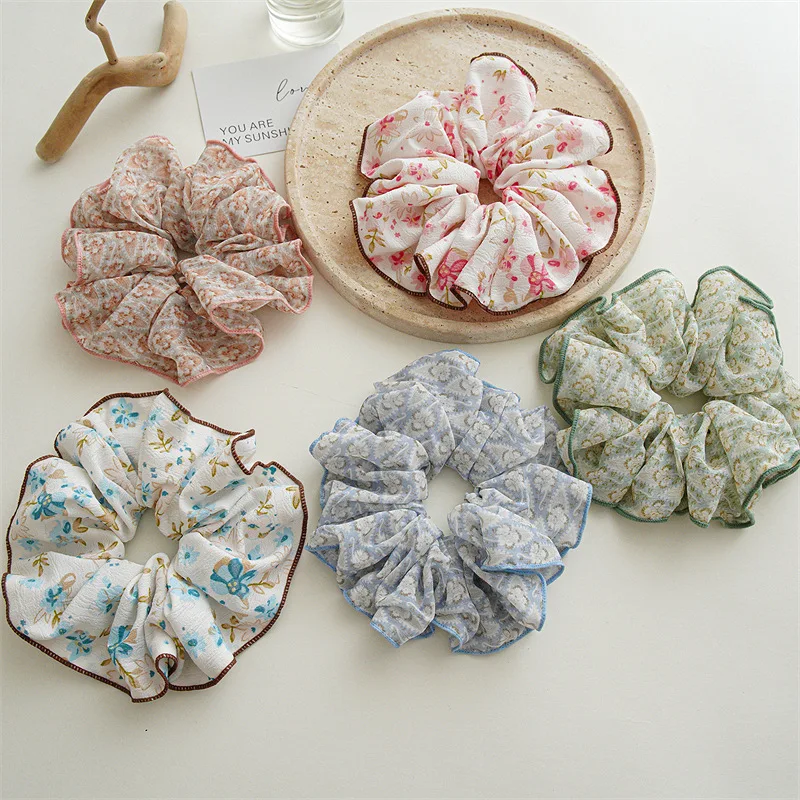

Summer Color Matching Print Flower Satin Large Scrunchies Elastic Hair Band For Woman Cute Fancy Pearl Rubber Ponytail Ties