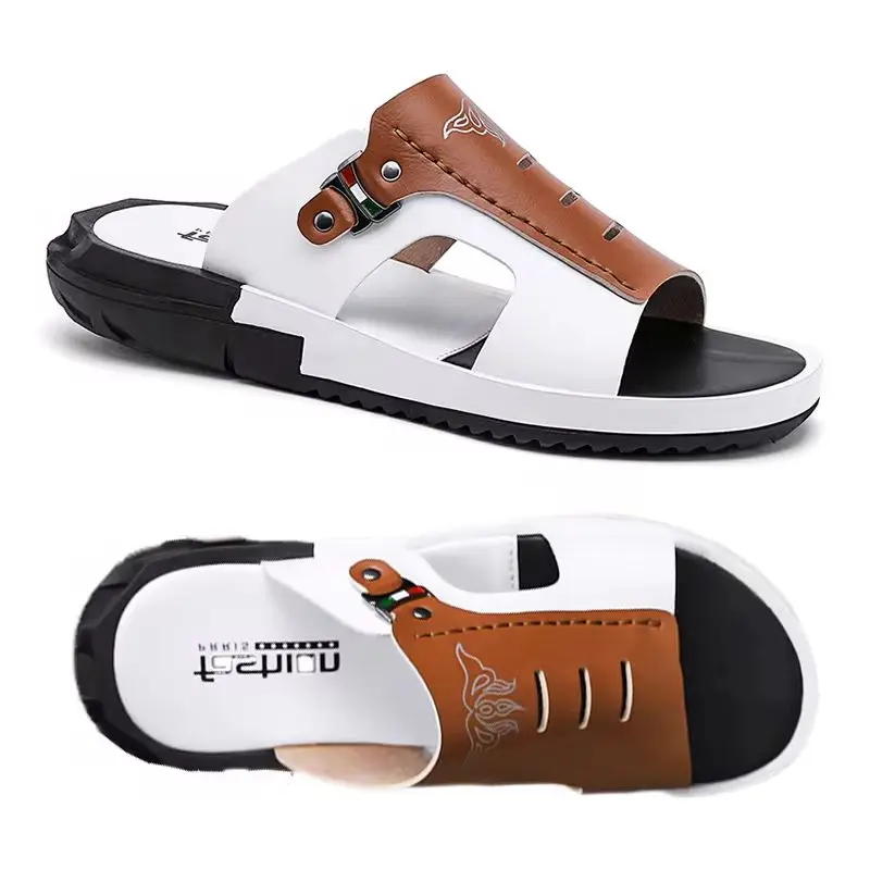 Мужские шлепанцы Летние кожаные сандалии нескользящая износостойкая пляжная