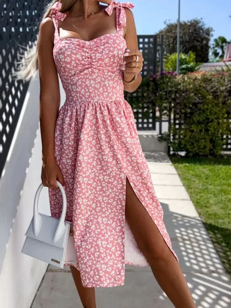 

Elegant Sweet Floral Print Women Dresses 2022 Summer Sleeveless Beach Boho Party Dress Sexy Sling Slim Waist Slit Dress Vestidos