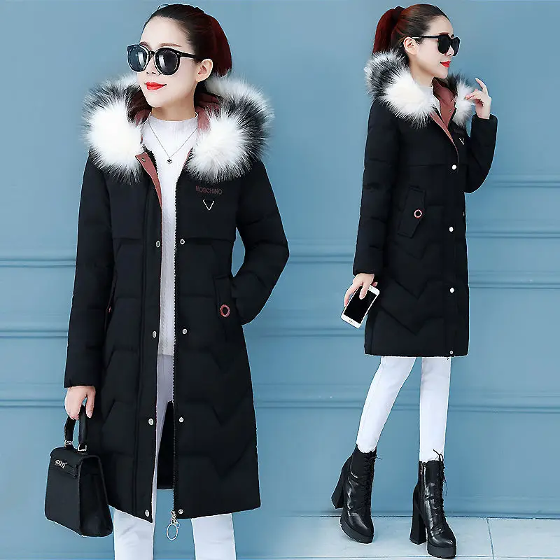 Women's Winter Coat Mid Length Padded Jacket Parka Warmth Jacket Korean Fashion Free Shipping Wholesale Big Fur Collar Slim Fit