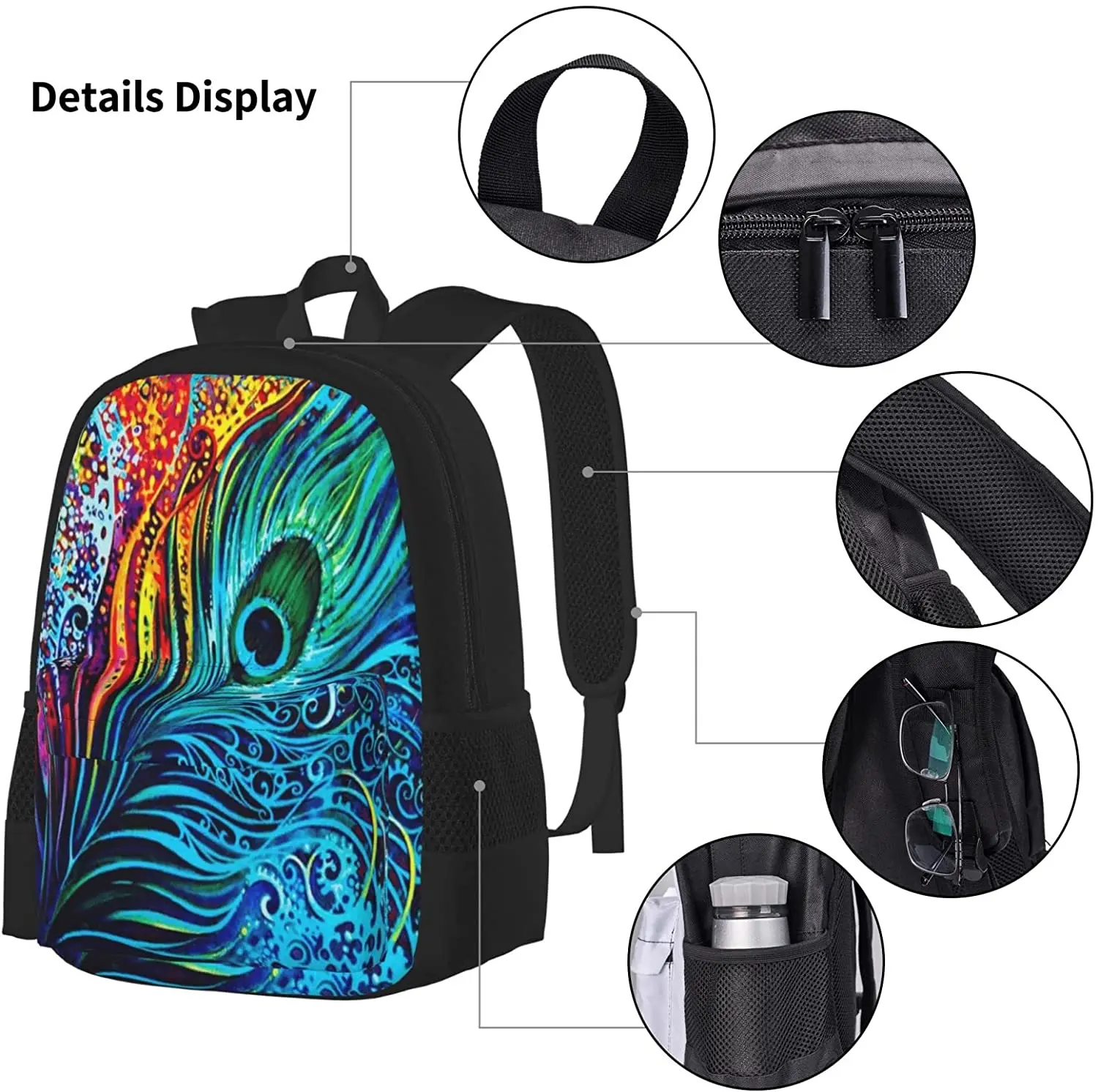 Peacock Feather Schoolbag Travel Bag Casual Daypack Lunch Bag Pencil Case for Boys Teens Girls 3pcs Sets