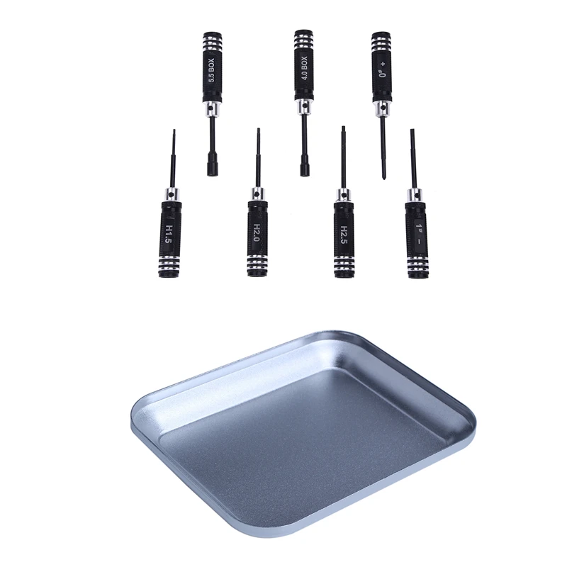 

Useful Aluminum Alloy Screw Tray With Magnetic Pad For RC Model Phone Car Repair Tool Silver With Set Of 7 Hex Screwdriver Tool