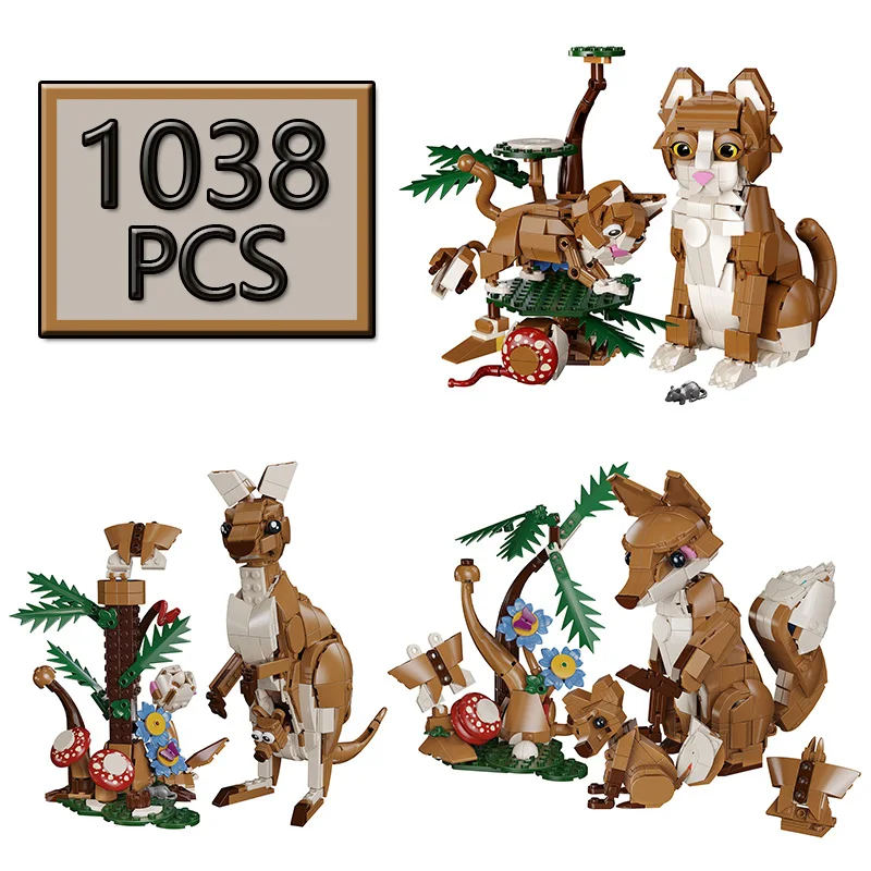 Фото Конструктор MOC 1038 деталей, серия «Домик животных» 3 в 1: Кенгуру, Кошка, Лиса. Креативная сборная модель-головоломка. Подарок на день рождения. №2