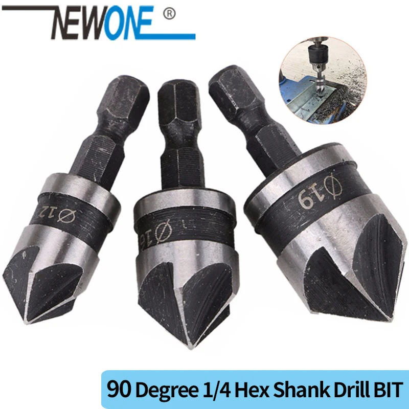 

NEWONE 3pcs/set 90 Degree 1/4 Hex Shank Drill Bit 5 Flute 12-19mm Woodworking Chamfer Counter Sink Chamfering Debur Countersink