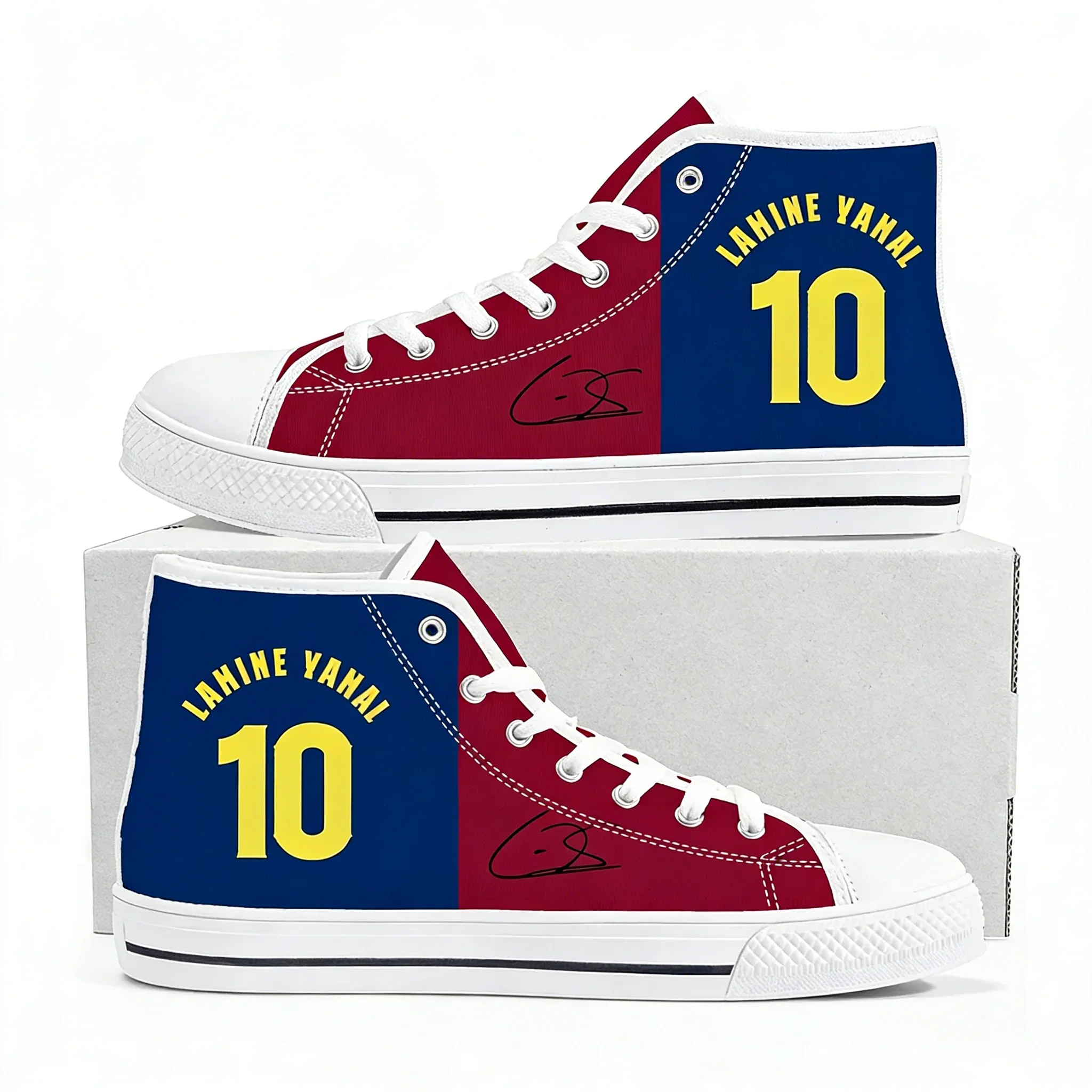 Фото Кроссовки Yamal No.10 High Top для мужчин и женщин, холщовые кеды, высококачественная обувь для пар, в стиле испанской футбольной звезды, белые, с возможностью индивидуального дизайна №1