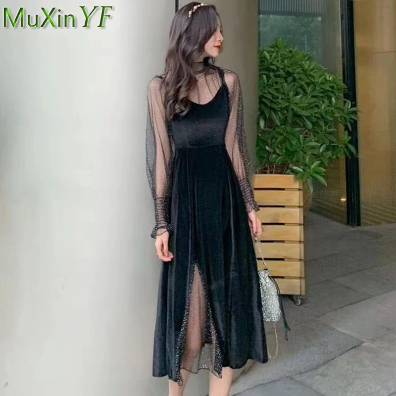 

Женский весенний Новый сексуальный черный комплект из двух предметов, топы с блестками, платья на бретельках с разрезом, наряды, изящный женский вечерний костюм, модель 2023 года