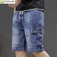 2022 new summer cropped jeans mens thin loose multi bag pants elastic waist wear breeches fashion brand work shorts