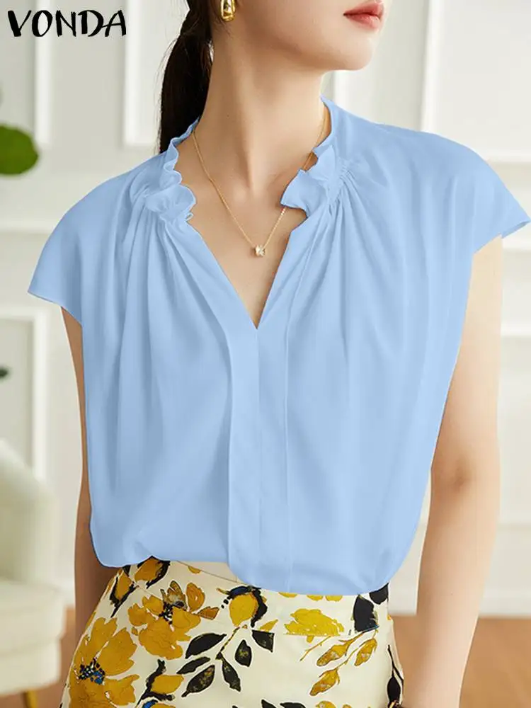 

Women Casual Elegant Blouses 2023 VONDA Summer Solid Color Shirts Tunic Tops Sexy V-Neck Short Sleeve Pleated Loose Blusas Femme
