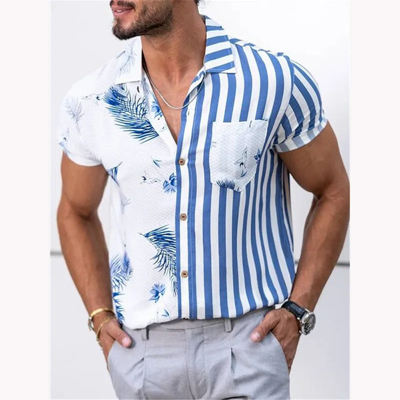 

2023 new summer beach men's stripe patchwork shirt print casual fashion breathable T-shirt fashion men's must-have