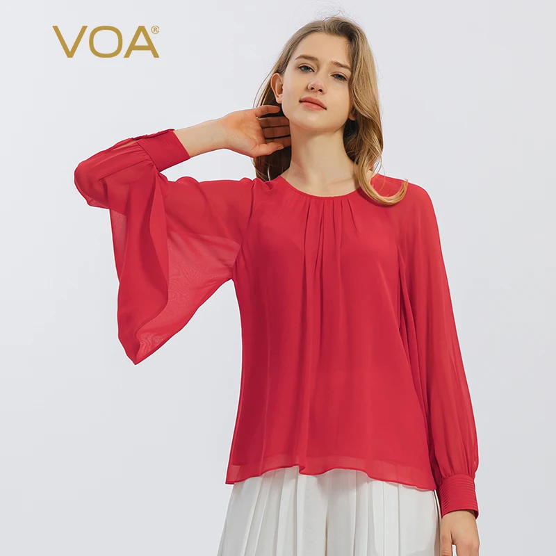 

VOA Georgette Red Round Neck Shirt Long-sleeved Double-layer Straight-tube Refreshing Breathable Silk T-shirt Spring New BE1020