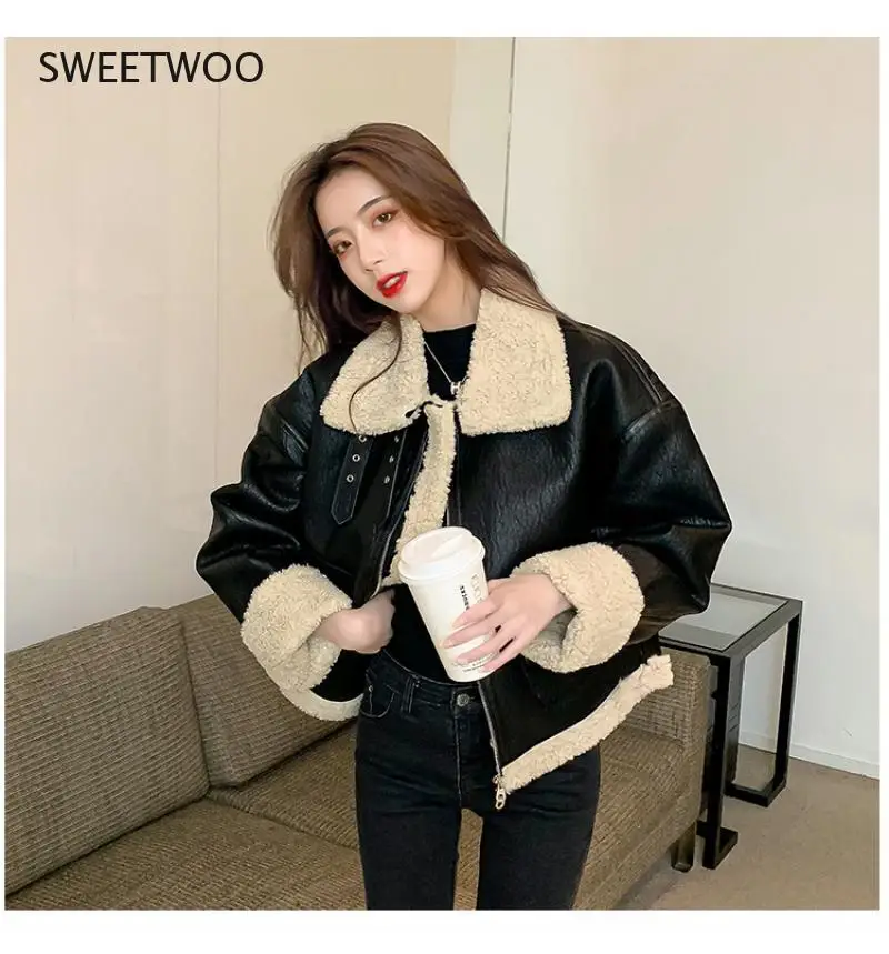 Women High Quality Black Motorcycle Jacket Thermal Padded Warm Parkas Short Design Lamb Fur Flight Coat Contracted Slim 2022